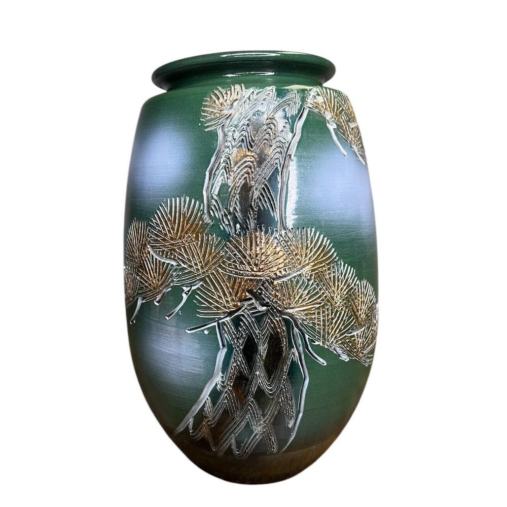 Green Gold Kinsai Pine Tree‎ Shigaraki ware Vase Japan Decor Signed Handmade